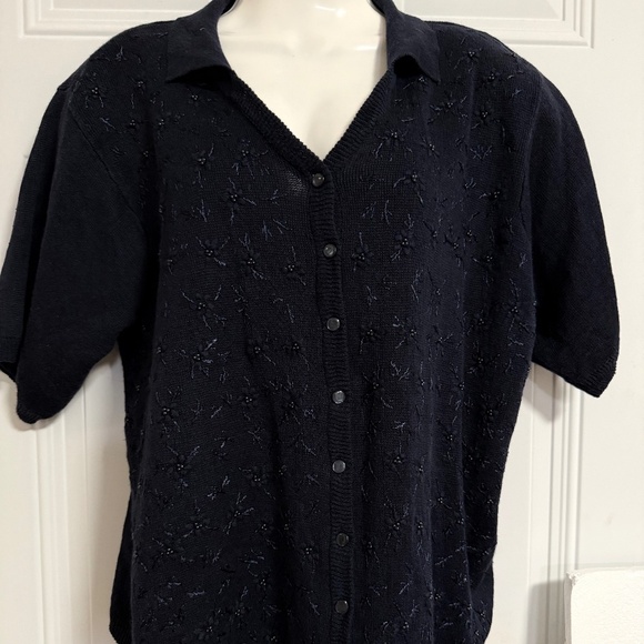 Lane Bryant Designs Blue Button Up Top SZ 14/16 Embroidered Beaded Shoulder Pads - Picture 1 of 4